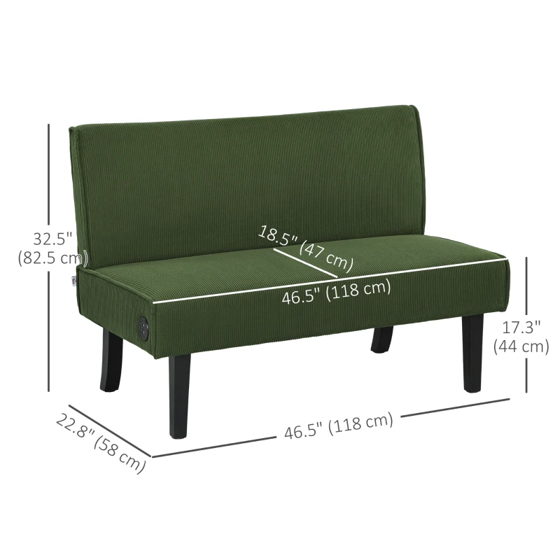 HOMCOM 46.5" Loveseat Couch with USB Ports, Corduroy Love Seat Sofa with Wood Legs for Living Room, Bedroom, Small Space, Green