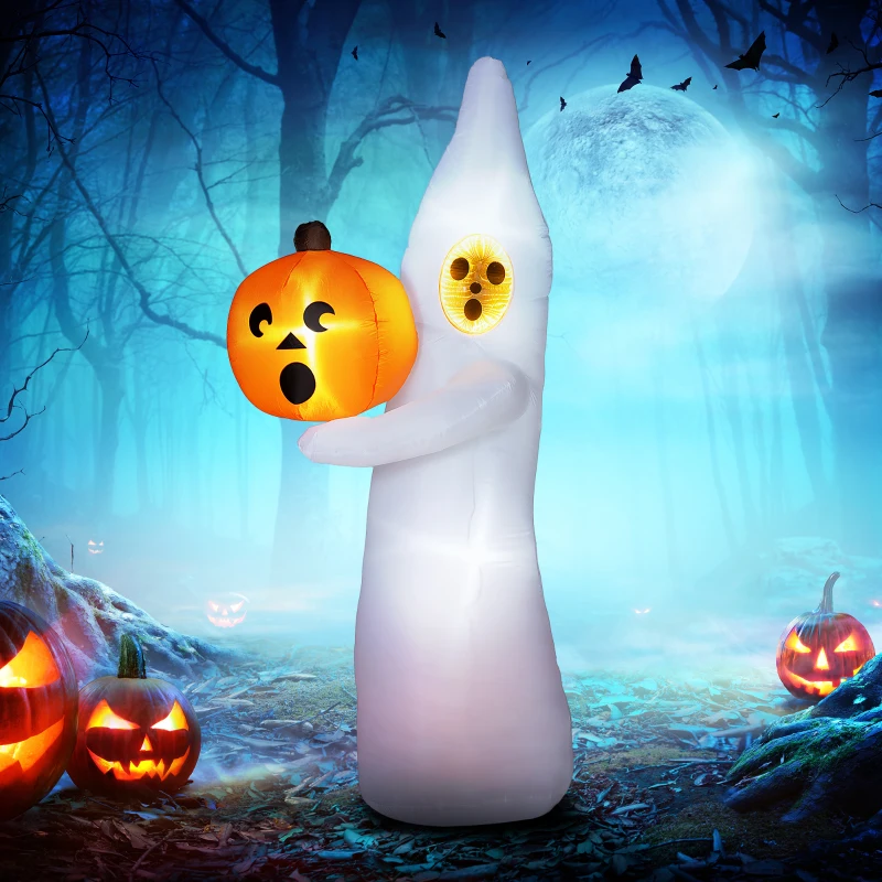 Outsunny 8ft Inflatable Halloween Ghost with Mirror Face Holding A Pumpkin, Outdoor Blow Up Decoration, LED Garden Display