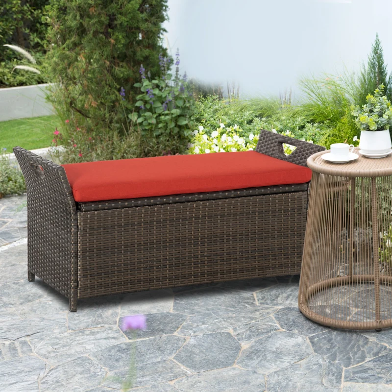 Outsunny 29 Gallon Patio Wicker Storage Bench, Outdoor PE Rattan Patio Furniture, 2-In-1 Large Capacity Rectangle Garden Storage Box with Handles and Cushion, Red