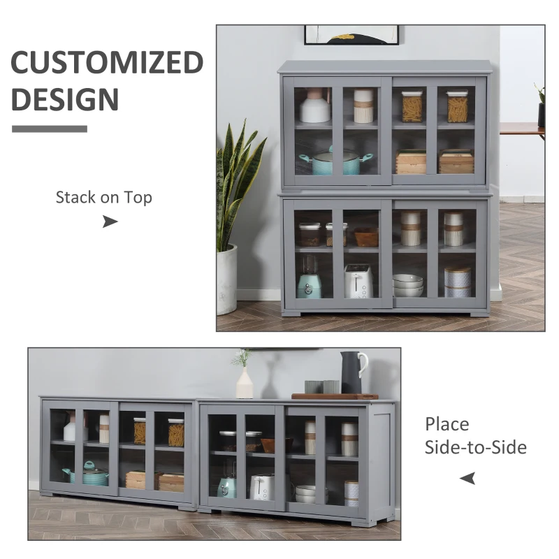 HOMCOM Sideboard Buffet Cabinet, Stackable Credenza, Coffee Bar Cabinet with Sliding Glass Door and Adjustable Shelf, Gray