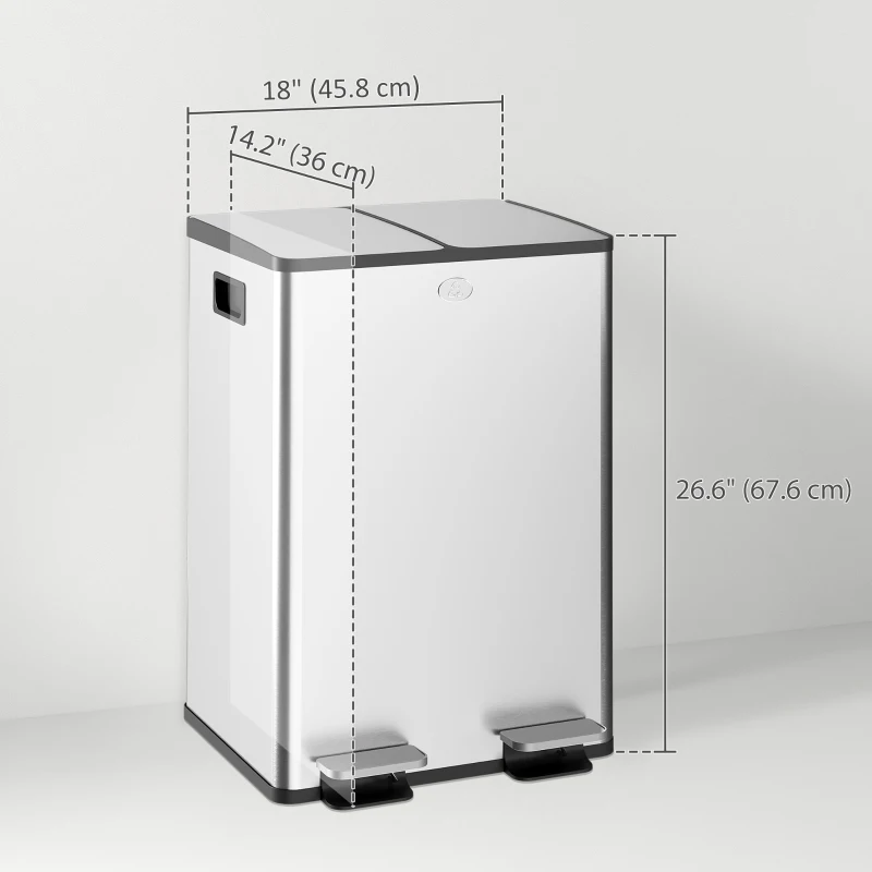 HOMCOM Dual Garbage Bin with Foot Pedal - 2 x 28 Litre Garbage Can with Removable Inner Buckets, Silver
