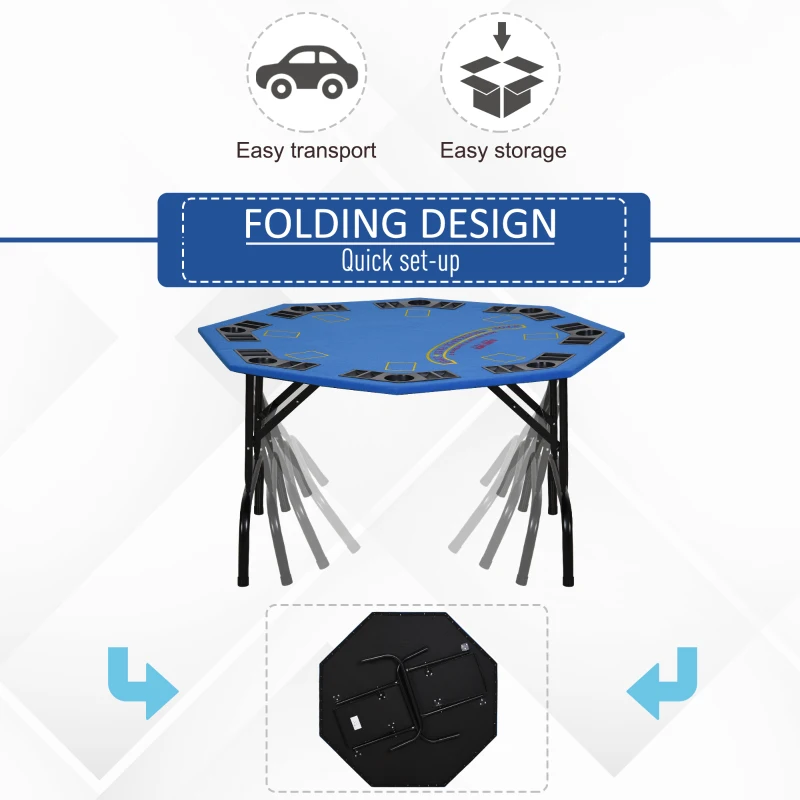 Soozier Poker Table Foldable, 47" Octagon Blackjack Poker Game Table for 8 Players with Cup Holders and Chips Tray, Blue Felt