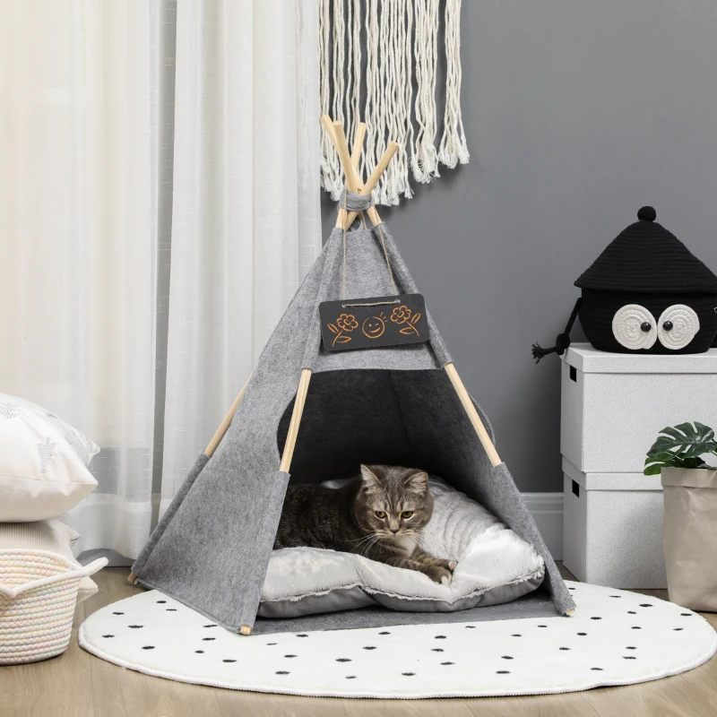 PawHut Pet Teepee Tent Cat Cave Small Dog Bed with Thick Cushion, Name Chalkboard for Kitten and Puppy Grey