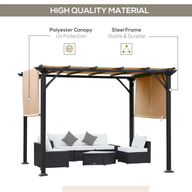 Outsunny 10' x 10' Retractable Pergola Canopy, Outdoor Gazebo with Sun Shade Canopy and Steel Frame, for Backyard, Garden, Patio, Deck, Brown