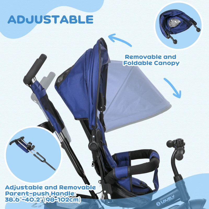 Qaba 6 in 1 Tricycle for Toddler 1-5 Years with Parent-Push Handle, Dark Blue