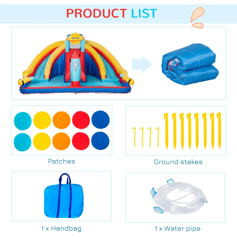 Outsunny 5-in-1 Inflatable Water Slide, Rocket Themed Kids Bounce House with Slide, Pool, Water Cannon, Hoop, Climbing Wall Includes Carry Bag, Repair Patches, without Air Blower