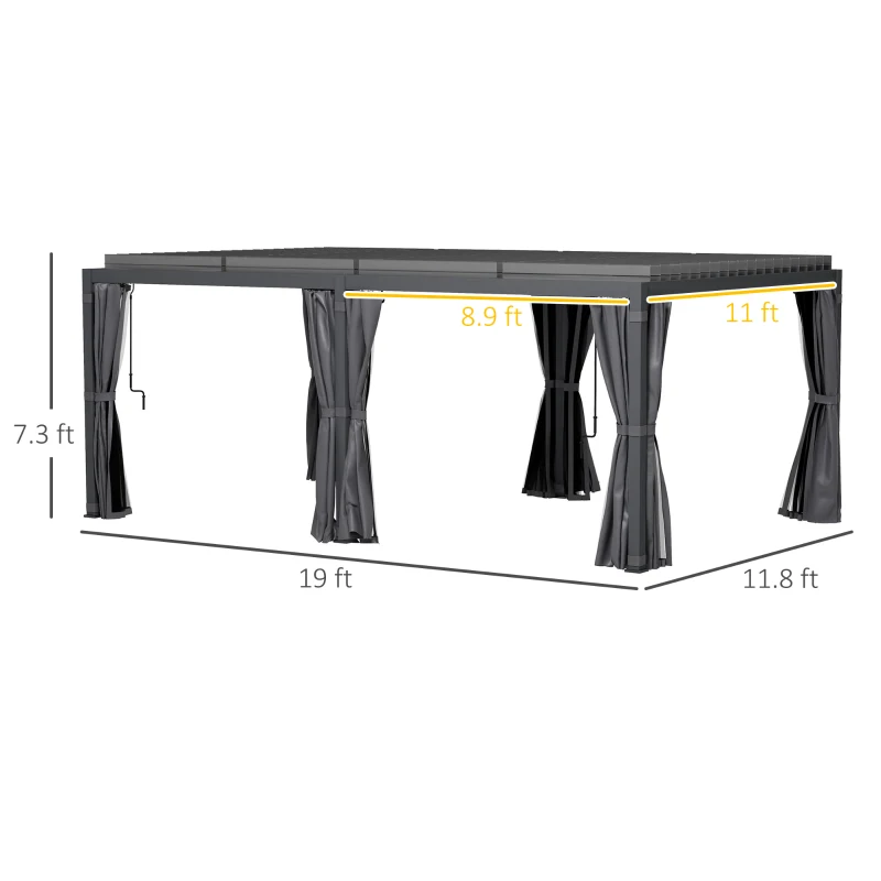 Outsunny 12' x 19' Aluminum Pergola with Adjustable Louvered, Outdoor Pergola with Curtains and Netting, Dark Gray