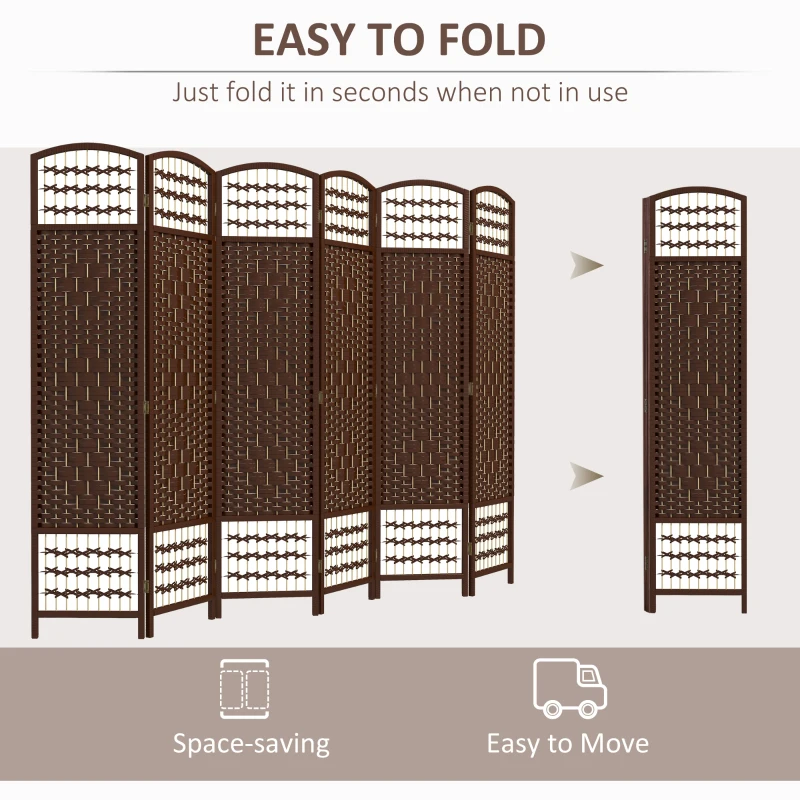 HOMCOM 6 Panel Folding Room Divider Portable Privacy Screen Wave Fiber Room Partition for Home Office Brown