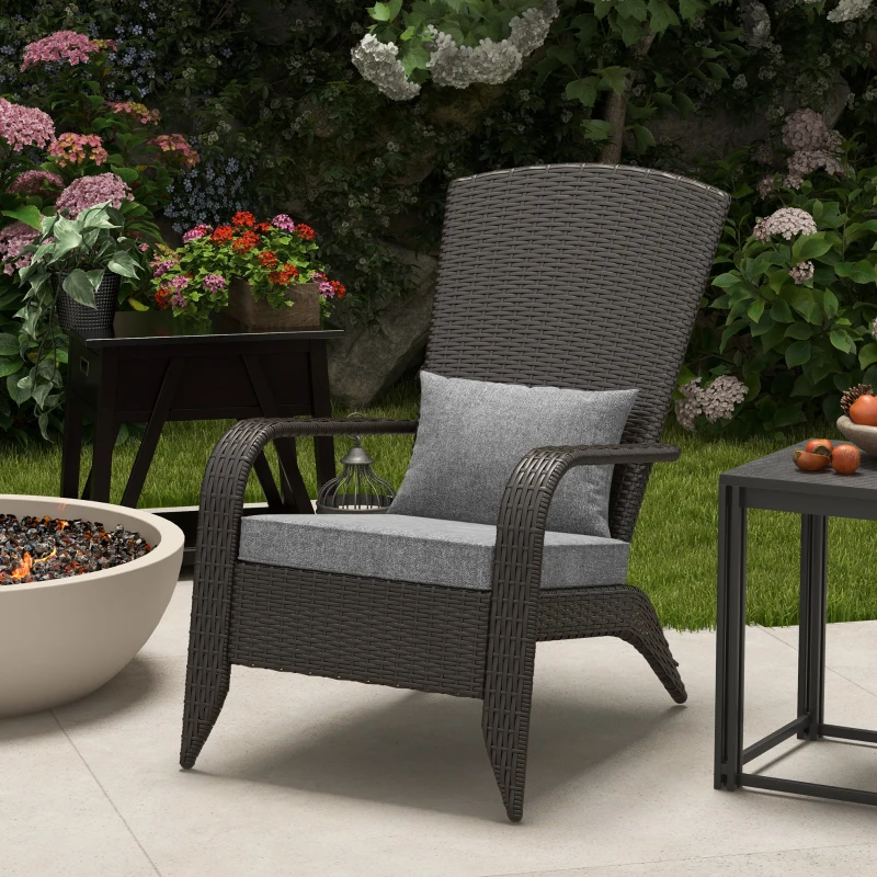 Outsunny Patio Wicker Adirondack Chair, Outdoor Rattan Muskoka Chair with Cushions for Patio, Garden, Backyard, Grey