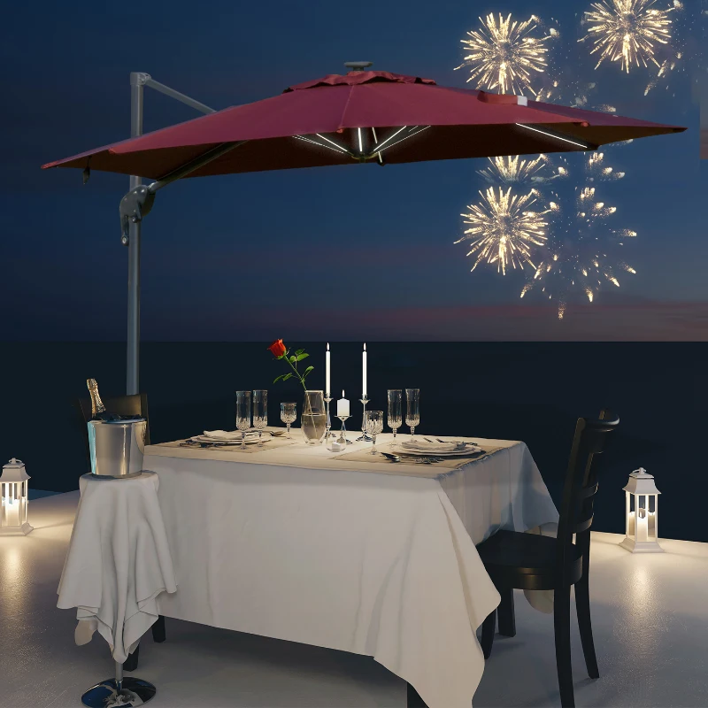 Outsunny 3m/10ft Outdoor Cantilever Sun Umbrella Solar LED Lighted Sun Shade Aluminum Market Umbrella with Adjustable Angle & 360° Rotation for Backyard, Poolside, Lawn and Garden Wine Red