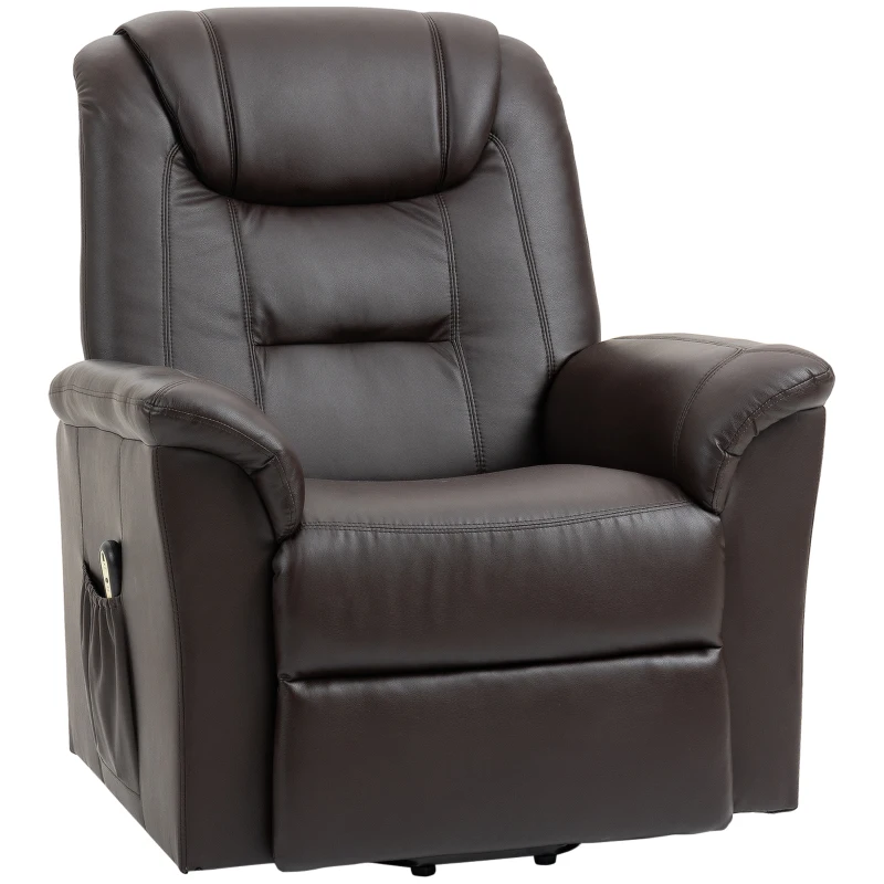 HOMCOM Electric Power Lift Chair for Elderly, PU Leather Recliner Sofa with Footrest and Remote Control, Side Pockets for Living Room, Brown