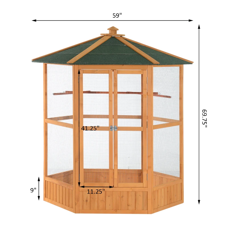 PawHut 69" Wooden Hexagonal Outdoor Aviary Flight Bird Cage With Covered Roof, Brown(m-3)