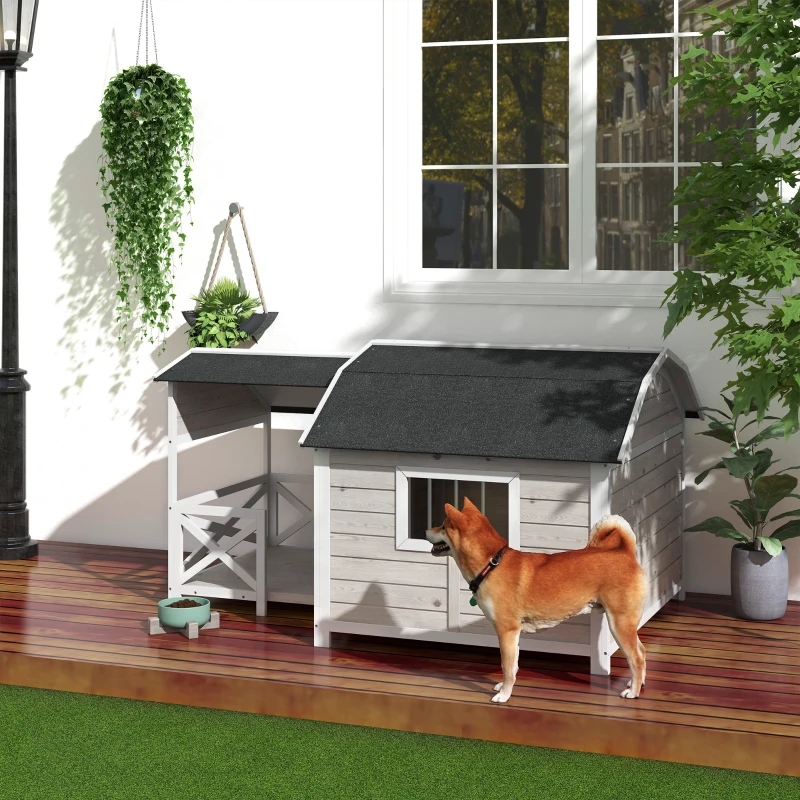 PawHut Wooden Dog House Outdoor with Porch, Raised Pet Kennel for Medium Large Dogs, with Asphalt Roof, Front Door, Side Windows, Gray