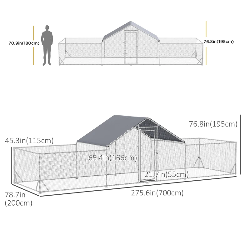 PawHut Chicken Run, 23' x 6.6' Metal Chicken Coop with Waterproof and Anti-UV Cover, Spire Roof, Door, for 12-14 Chickens, Ducks, Rabbits, Sliver