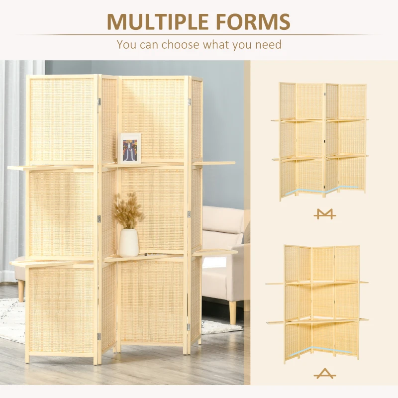 HOMCOM 4-Panel Folding Room Divider, 6 Ft Freestanding Bamboo Privacy Screen Panel with Storage Shelves for Bedroom or Office, Natural Wood Color