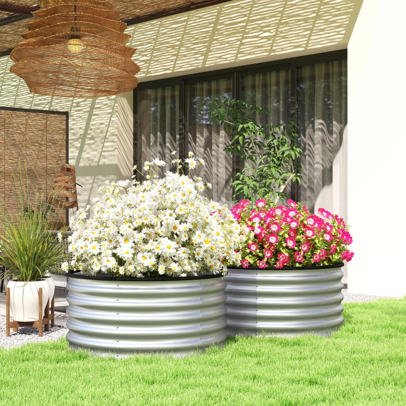 Outsunny Set of 2 Raised Garden Bed, Metal Planter Box with Safety Edging, Easy-to-assemble Stock Tank 3'x3'x1.4' Silver
