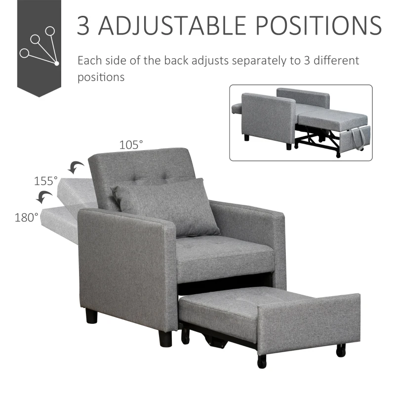 HOMCOM Convertible Sofa Lounger Chair Bed Multi-Functional Sleeper Recliner with Tufted Upholstered Fabric, Adjustable Angle Backrest, and Pillow, Grey