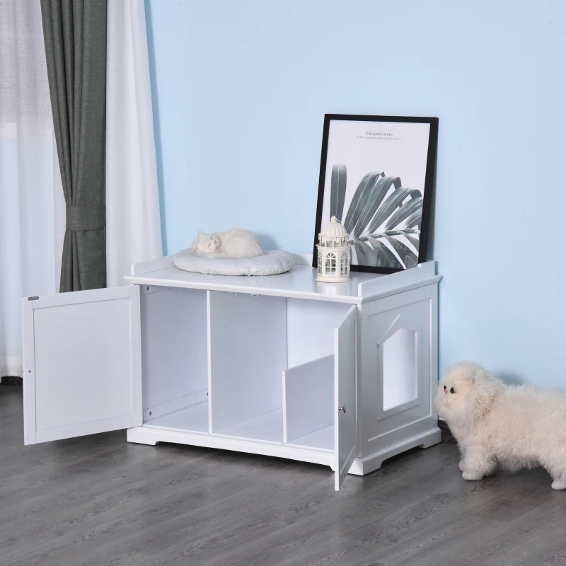 PawHut 37.5" Wooden Covered Mess Free Cat Litter Box End Table Hideaway Cabinet with Storage for Accessories, White