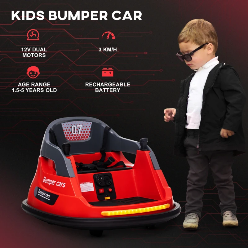 Aosom Bumper Car 12V 360° Rotation Electric Car for Kids, with Remote Control, Lights, Music, for 1.5-5 Years Old, Red