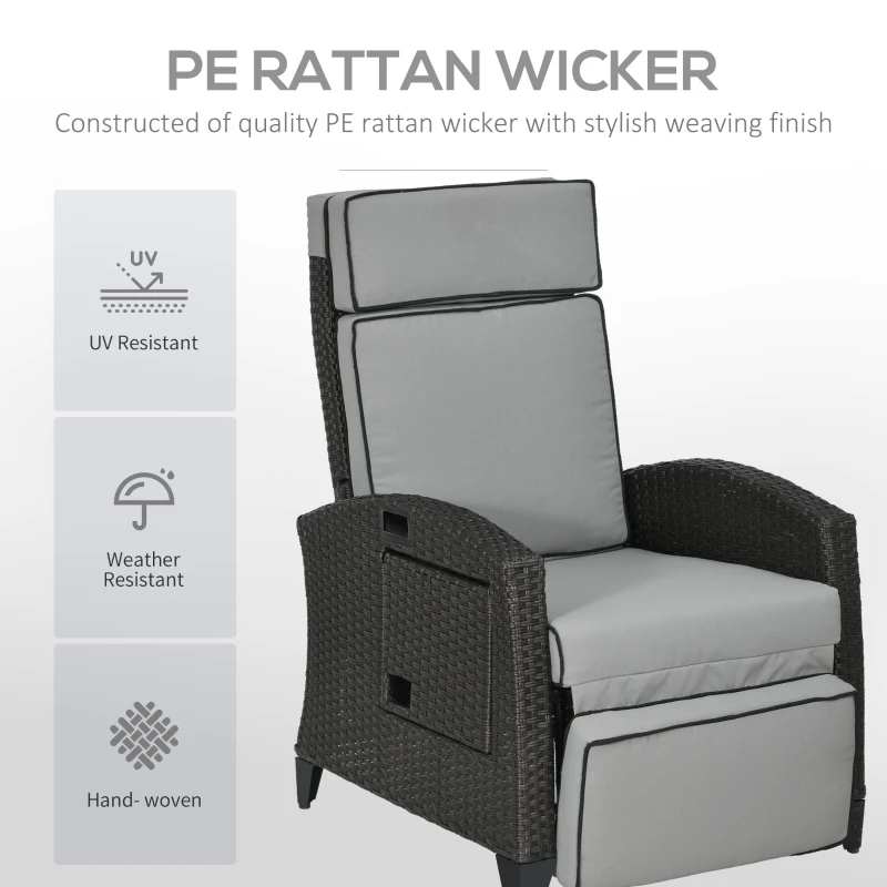 Outsunny Outdoor Recliner Chair with Adjustable Backrest, Cushion, Side Tray, Light Grey