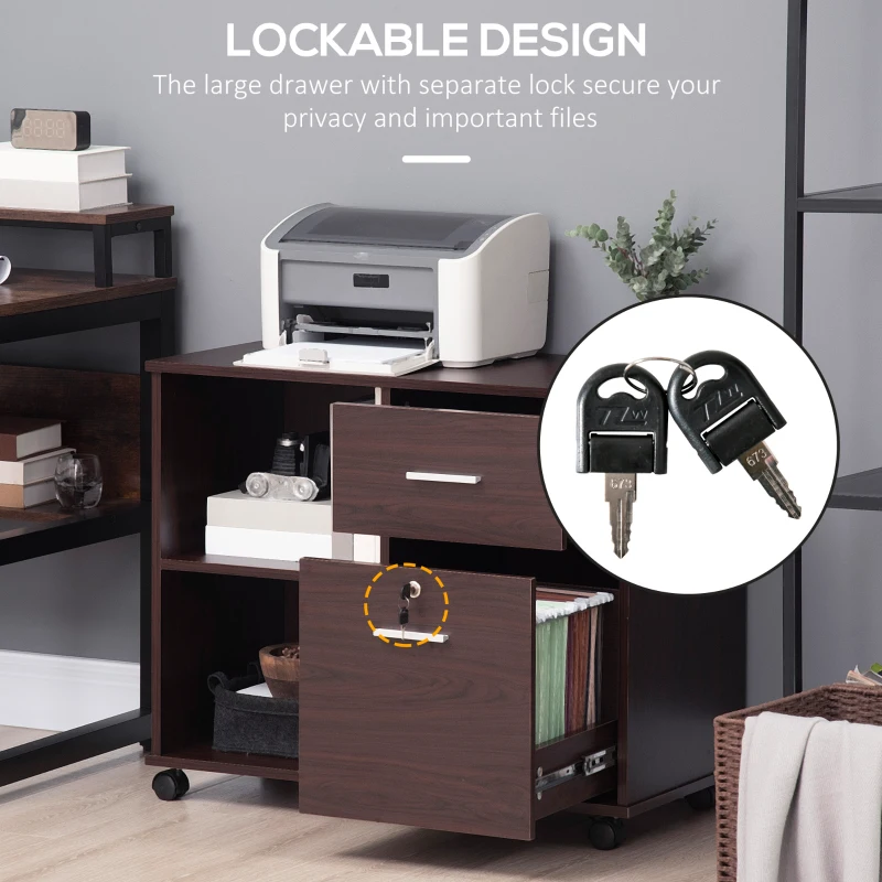 Vinsetto Lateral File Cabinet with Wheels, Mobile Printer Stand with Open Shelves and Drawers for A4 Size Documents, Walnut
