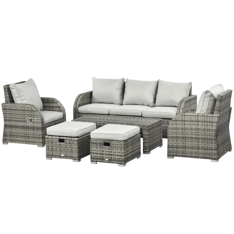 Outsunny 6 Pieces Patio Furniture Set, Conversation Set Wicker Sectional Set Cushioned Outdoor Rattan 3-Seat Sofa, 2 Adjustable Recliners, 2 Footstools & Table Set for Lawn Garden Backyard, Light Grey