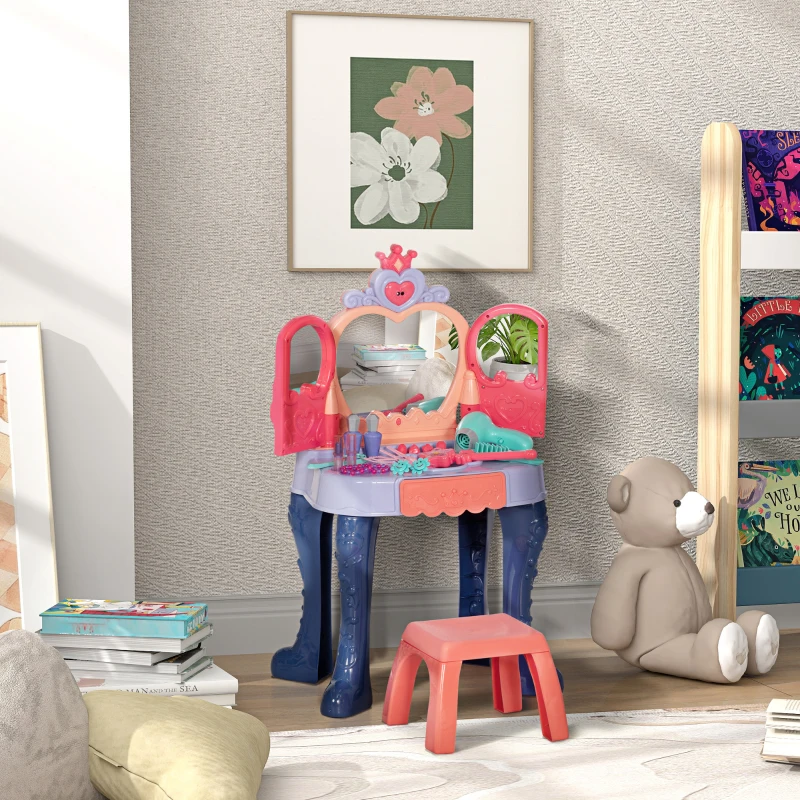 Qaba Kids Vanity Set with Mirror and Stool, Music, Light, Drawer, Hair Dryer, 20 Makeup Accessories, Multicolor