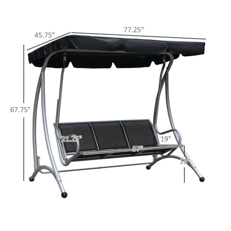 Outsunny 3-Seat Outdoor Porch Swing Chair, Patio Swing Glider with Adjustable Canopy, Breathable Seat, and Steel Frame for Garden, Poolside, Backyard, Black