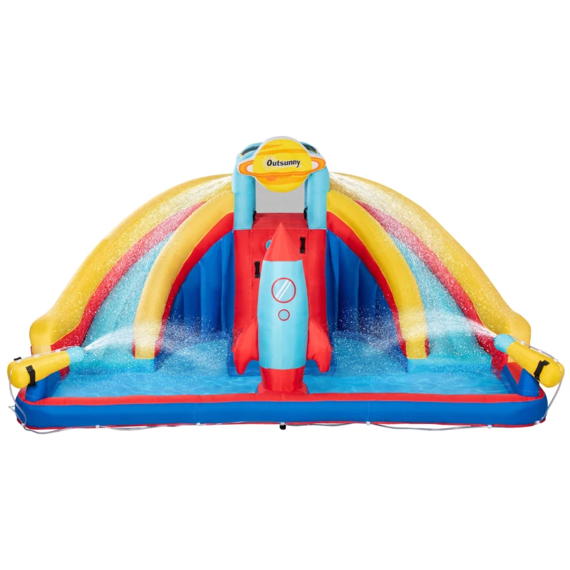 Outsunny 5-in-1 Inflatable Water Slide, Rocket Themed Kids Bounce House with Slide, Pool, Water Cannon, Hoop, Climbing Wall Includes Carry Bag, Repair Patches, without Air Blower