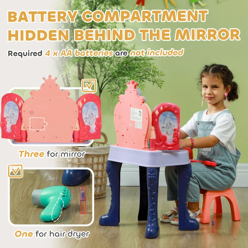 Qaba Kids Vanity Set with Mirror and Stool, Music, Light, Drawer, Hair Dryer, 20 Makeup Accessories, Multicolor