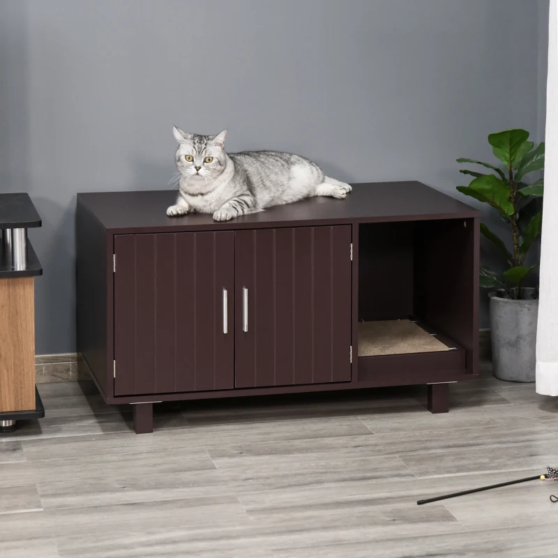 PawHut Wooden Cat Litter Box Enclosure & House, Kitty Hidden Washroom, with End Table Design, Scratcher, & Magnetic Doors, Brown