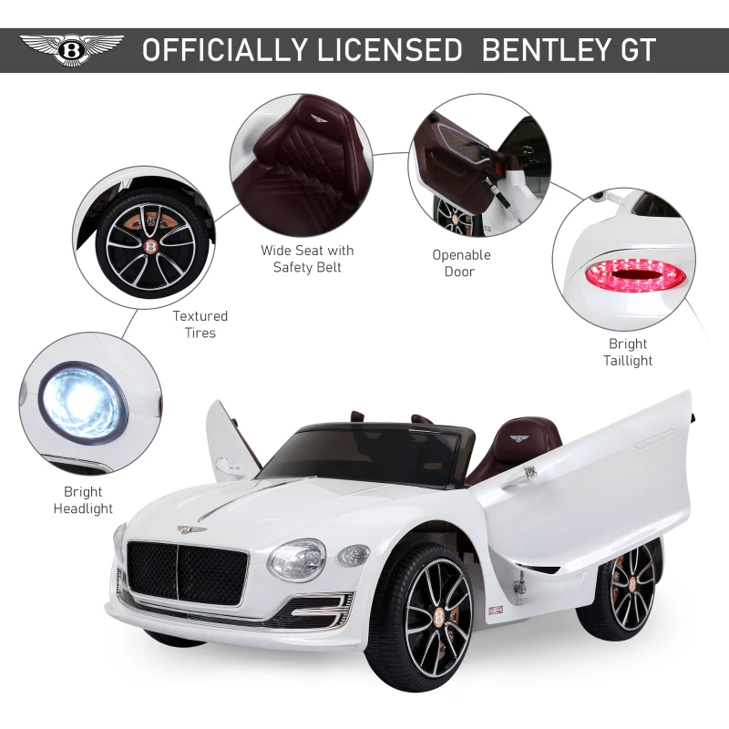 Aosom 12V Ride On Car Licensed Bentley Battery Powered Electric Vehicles w/ Parent Remote Control, 2 Speed - White