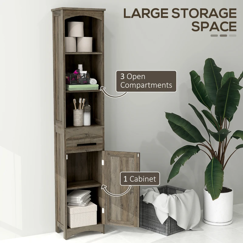 HOMCOM Farmhouse Tall Slim Bathroom Storage Cabinet with Recessed Drawer, Narrow Cabinet with Barn Door, Weathered Gray Oak