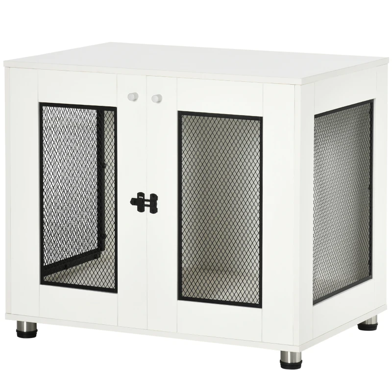 PawHut Dog Crate Furniture with Water-resistant Cushion, Dog Crate End Table with Double Doors, Indoor Pet Crate for Small Medium Dogs Indoor Use, White