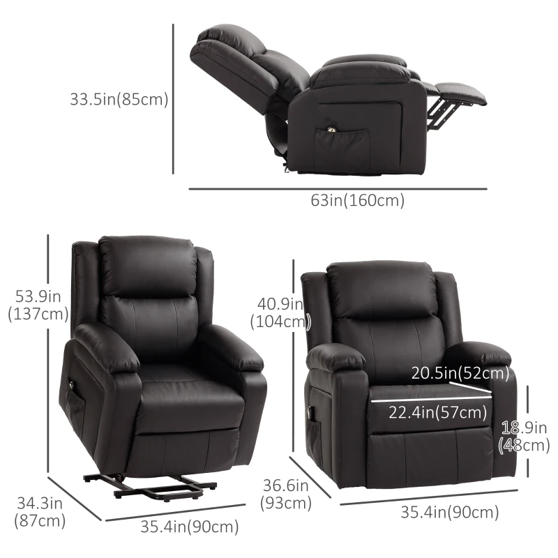HOMCOM Lift Chair for Seniors, PU Leather Upholstered Electric Recliner Chair with Remote, Side Pockets, Quick Assembly, Brown