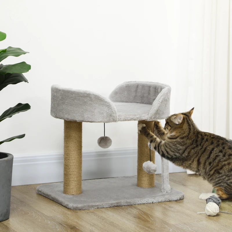 PawHut Cat Tower Condo for Indoor Cats, Small Cat Tree with Jute Scratching Posts, Top Perch, Dangling Balls, Light Grey