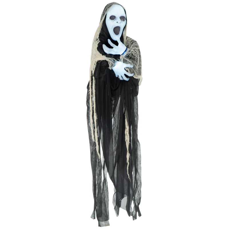 Outsunny 60" Outdoor Halloween Decorations Hanging Ghost Stretching Out Arms Animated Prop with Sound and Motion Activated Light Up Hands, Spooky Scream