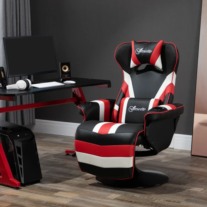 Vinsetto Racing Style Video Gaming Recliner Chair Padded Office Seat with Reclining Backrest and Footrest, Headrest, Lumbar Support, Round Metal Base, Cup Holder for Black and Red