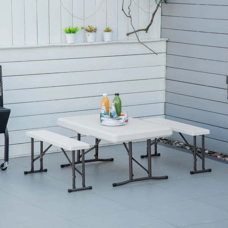Outsunny 40" Folding Picnic Table Set, 2 Benches, 3-Piece Outdoor German Style Biergarten Foldable Beer Table, Lightweight Plastic, White