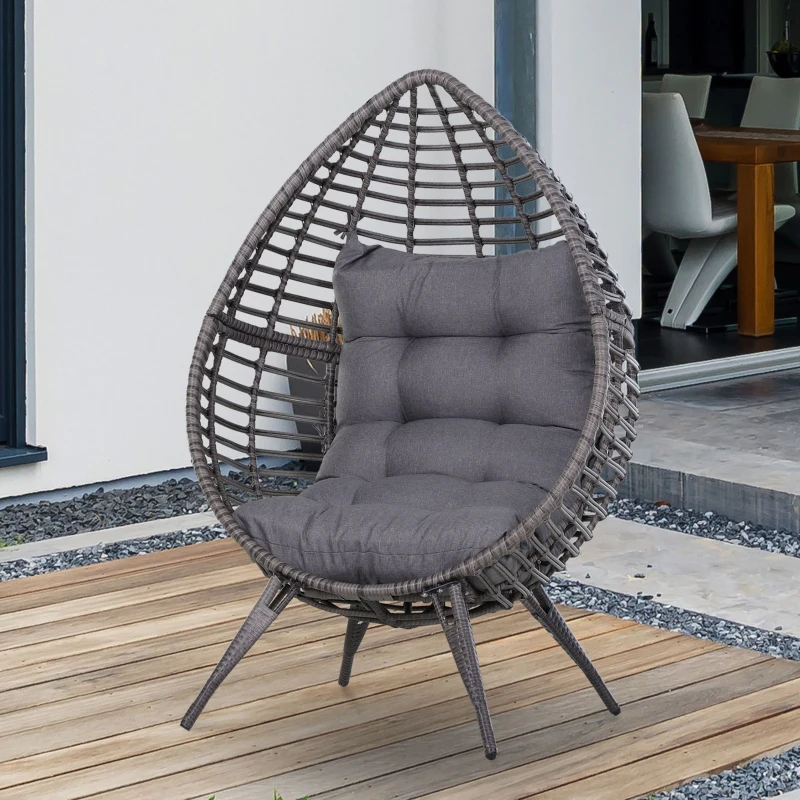 Outsunny Patio Wicker Egg Chair w/ Soft Cushion, Teardrop Cuddle Seat, Outdoor / Indoor Patio Chair, PE Plastic Rattan Furniture with Adjustable Height Feet Pads, Gray