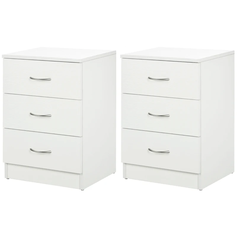 HOMCOM Bedside Table with 3 Drawers, Modern Wood Nightstand, Side Table with Anti-tipping Design for Bedroom, Set of 2, White