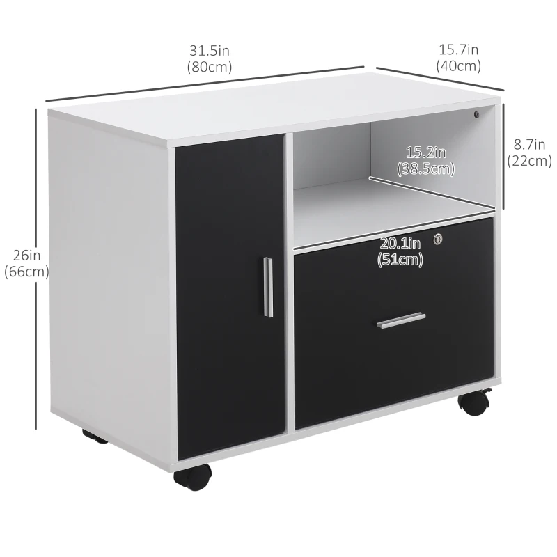 HOMCOM Lateral Filing Cabinet with Lockable Drawer and Open Storage Shelf for Hanging Legal, Letter Sized Files, Mobile Printer Stand for Home Office, Black and White