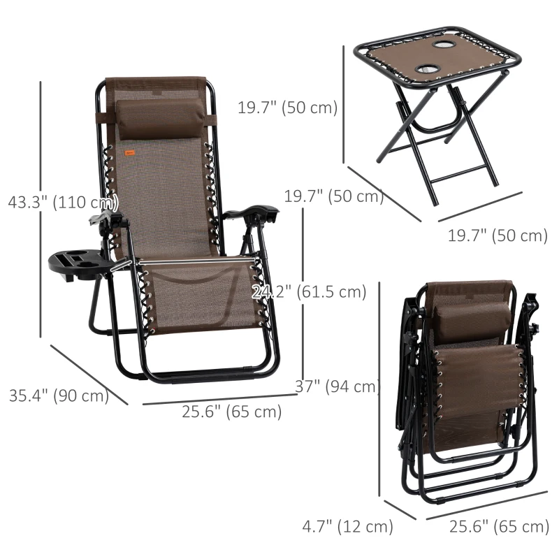 Outsunny Zero Gravity Chair Set of 2 Patio Chair with Side Table Cupholders and Pillows for Pool, Backyard, Lawn, Beach, Brown