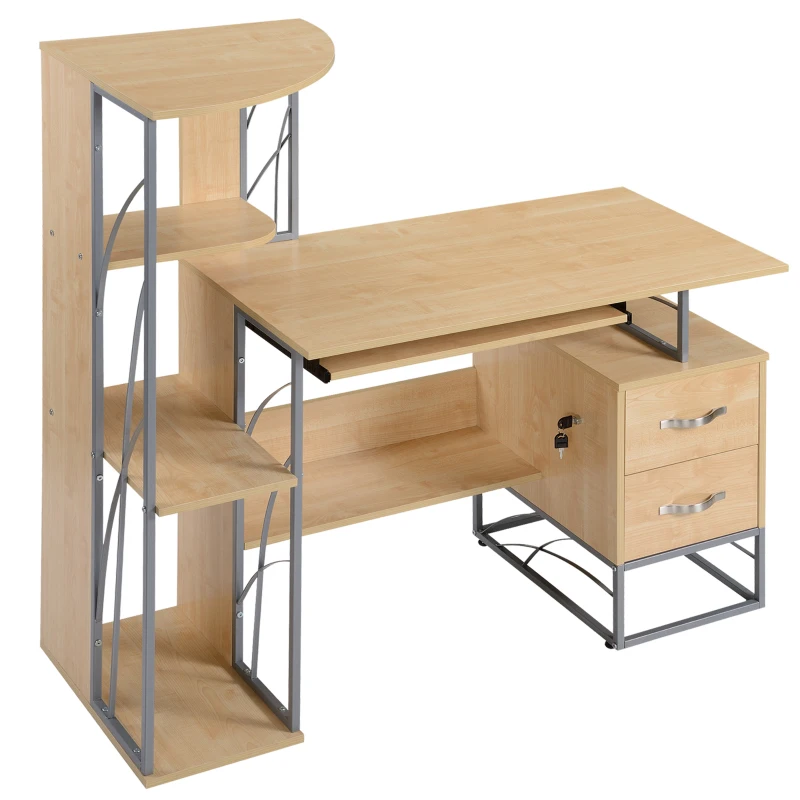 HOMCOM Modern Computer Desk with 4-Tier Bookshelf, Home Office Writing Table Workstation with Tower Storage Shelves Keyboard Tray & Lockable Drawers, Natural