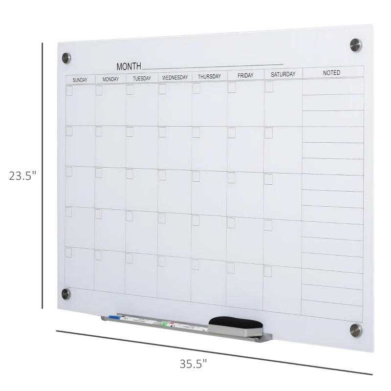 Vinsetto 35"x23" Dry Erase Wall Calendar Glass Whiteboard Monthly Planner for Homeschool Supplies & Home Office Organization with 4 Markers and 1 Eraser,Frameless