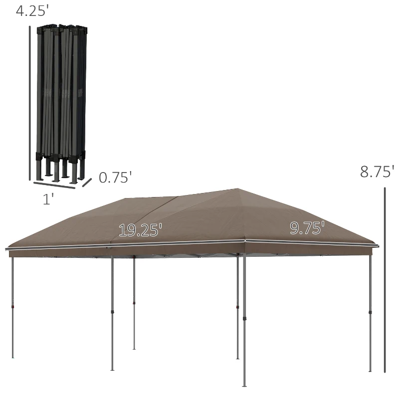 Outsunny 10' x 19' Pop Up Canopy with Easy Up Steel Frame, 3-Level Adjustable Height and Carrying Bag, Sun Shade Event Party Tent for Patio, Backyard, Garden, Brown