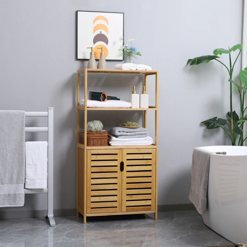 kleankin Bamboo Bathroom Cabinet, Bathroom Floor Cabinet with 2 Open Shelves and 2 Slatted Doors, Freestanding Linen Tower for Washroom, Natural