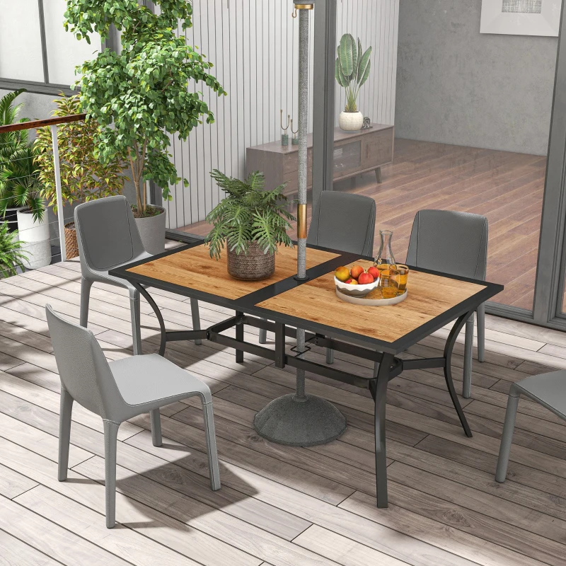 Outsunny Rectangular Patio Table with Umbrella Hole, Faux Wood Rectangle Outdoor Dining Table for 6 People for Garden, Brown