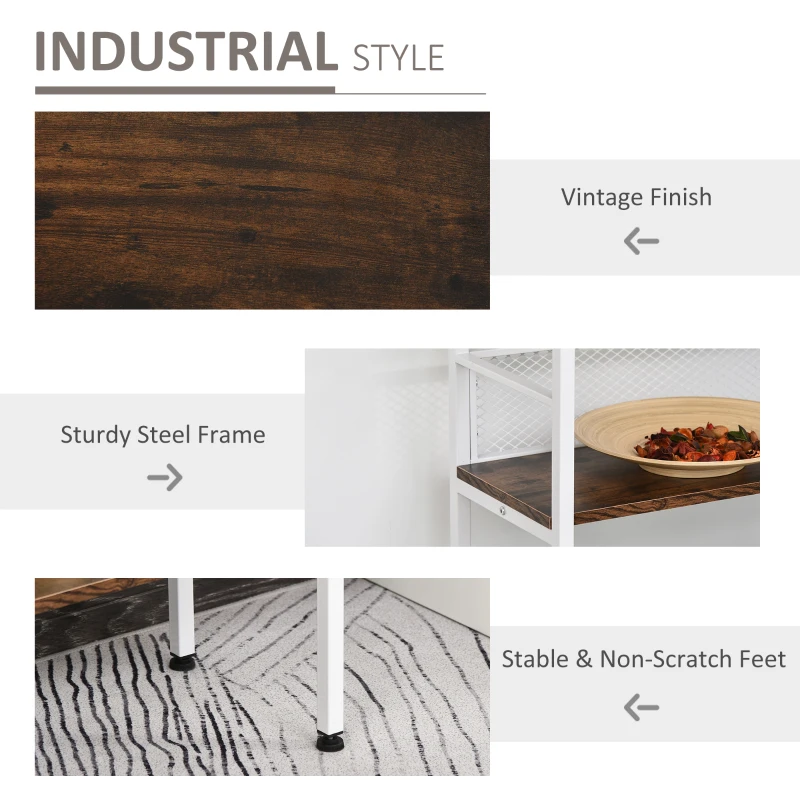 HOMCOM 3-Tier Console Table Industrial Style Storage Metal Wooden Shelf with a Robust Multi-Functional Design & Adjustable Feet, White