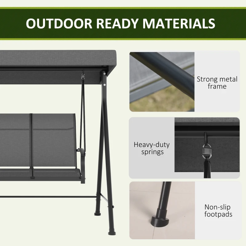 Outsunny 3 Seater Outdoor Swing Chair with Canopy, Metal Porch Swing Bench for Patio, Garden, Backyard, Lawn, Dark Grey